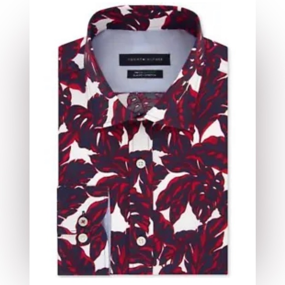 Tommy Hilfiger Navy Red Hawaiian luau Print Long Sleeve Button Down Dress Shirt - Picture 1 of 7